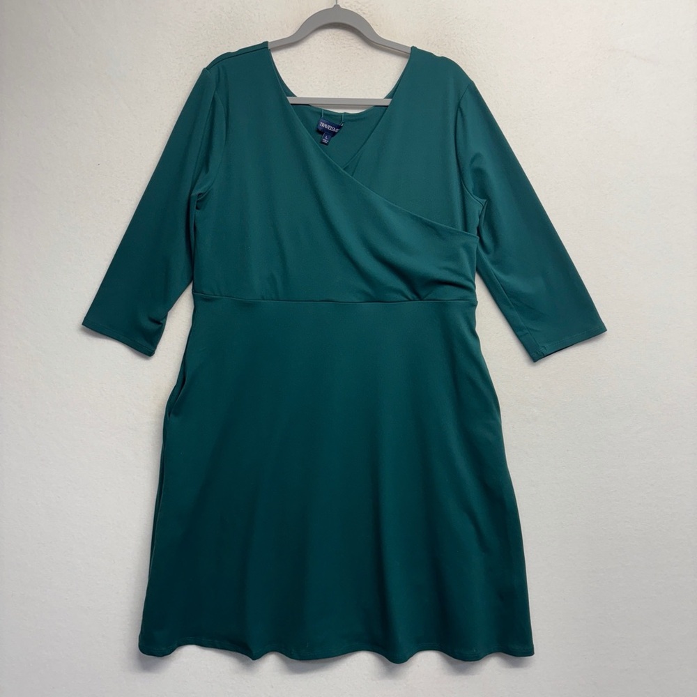 Travelsmith L Teal Blue Green Wrap Dress Long Sleeve MIDI
